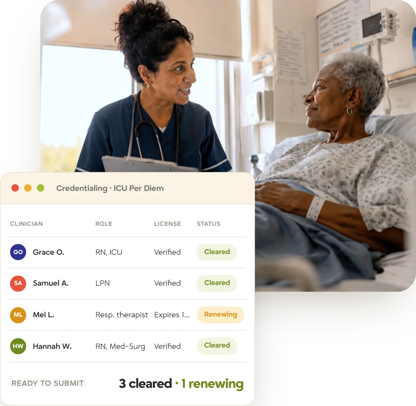 tracker-healthcare-credentialing-nurse-hero Nurse talking with a patient at the bedside, with a Tracker ICU shift credentialing view showing roles, licenses, and clearance status
