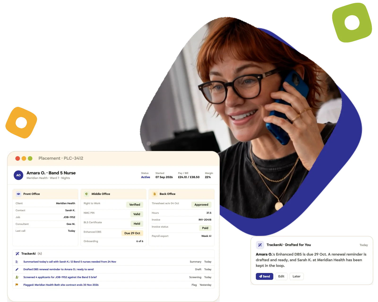 Recruiter on the phone next to a Tracker placement record showing front, middle and back office on one screen