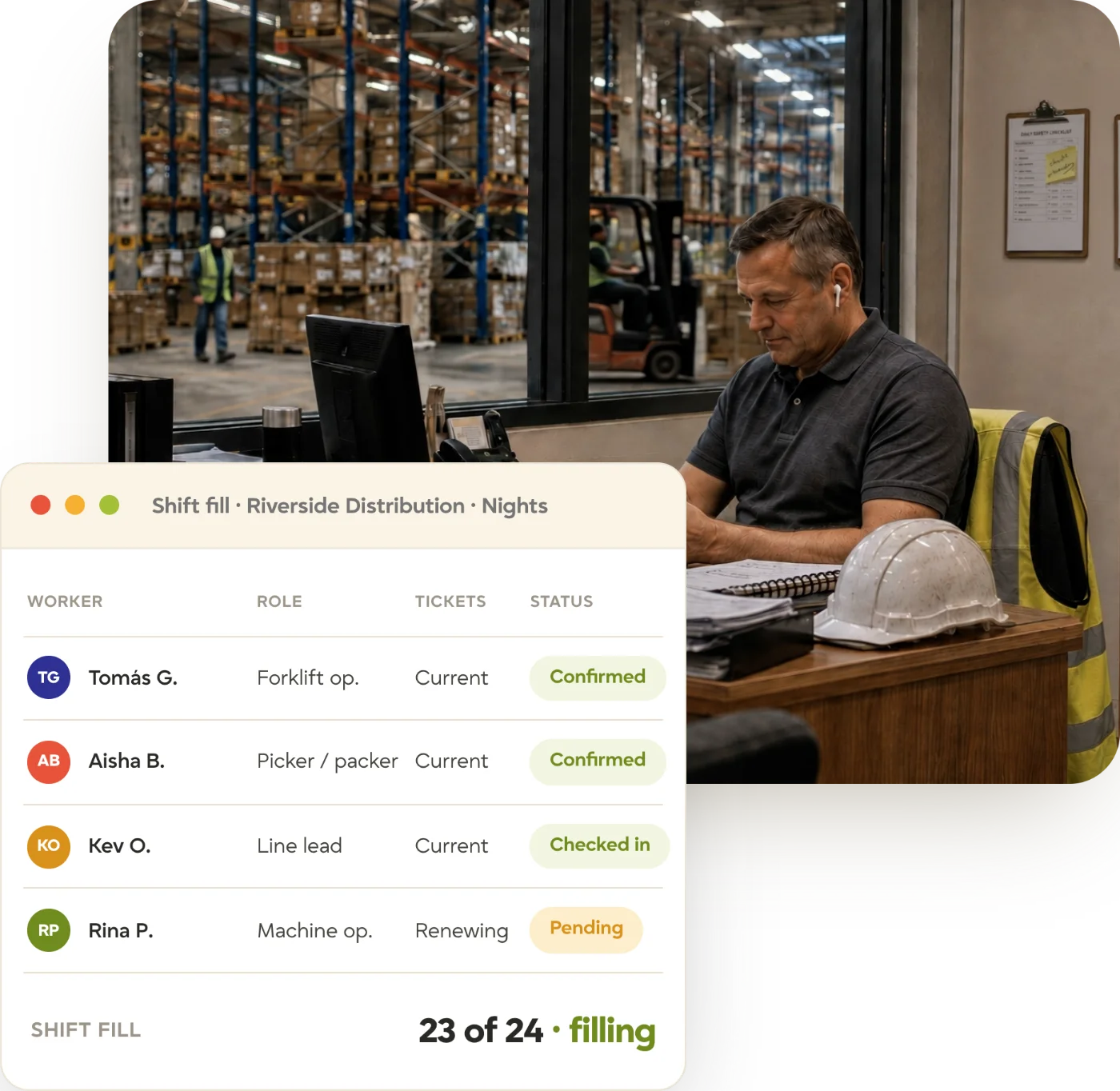 tracker-industrial-shift-fill-warehouse-hero Warehouse supervisor at his desk overlooking the floor, with a Tracker night shift fill showing workers, roles, tickets, and confirmations