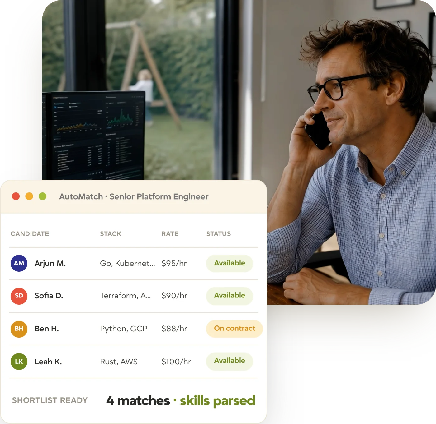 tracker-it-staffing-automatch-recruiter-hero IT recruiter on a call from his home office, with a Tracker AutoMatch shortlist for a senior platform engineer by stack, rate, and availability
