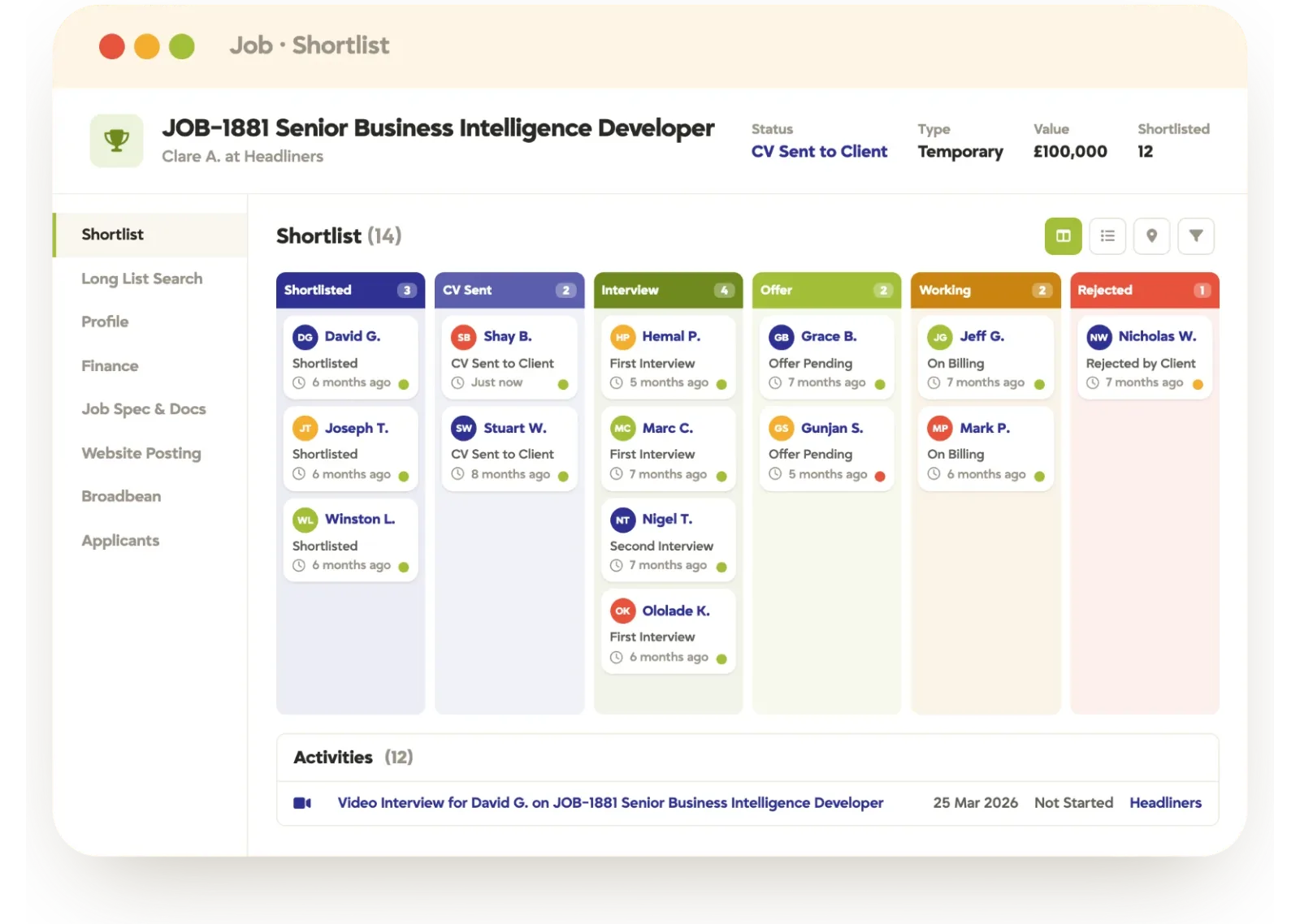 Tracker job shortlist kanban with candidates moving from shortlisted to offer and placed