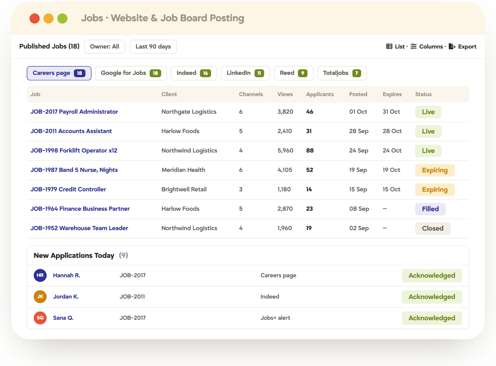 Tracker job posting view showing live roles across the careers page and job boards with new applications acknowledged