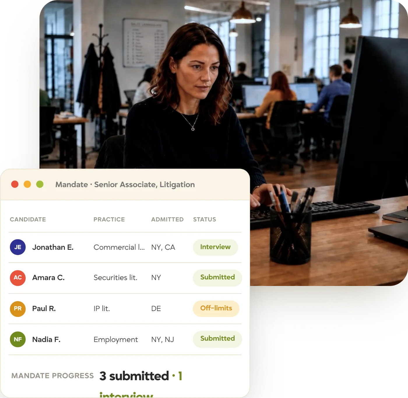 tracker-legal-staffing-mandate-recruiter-hero Legal recruiter working at her desk, with a Tracker mandate for a senior litigation associate showing practice, bar admissions, and status
