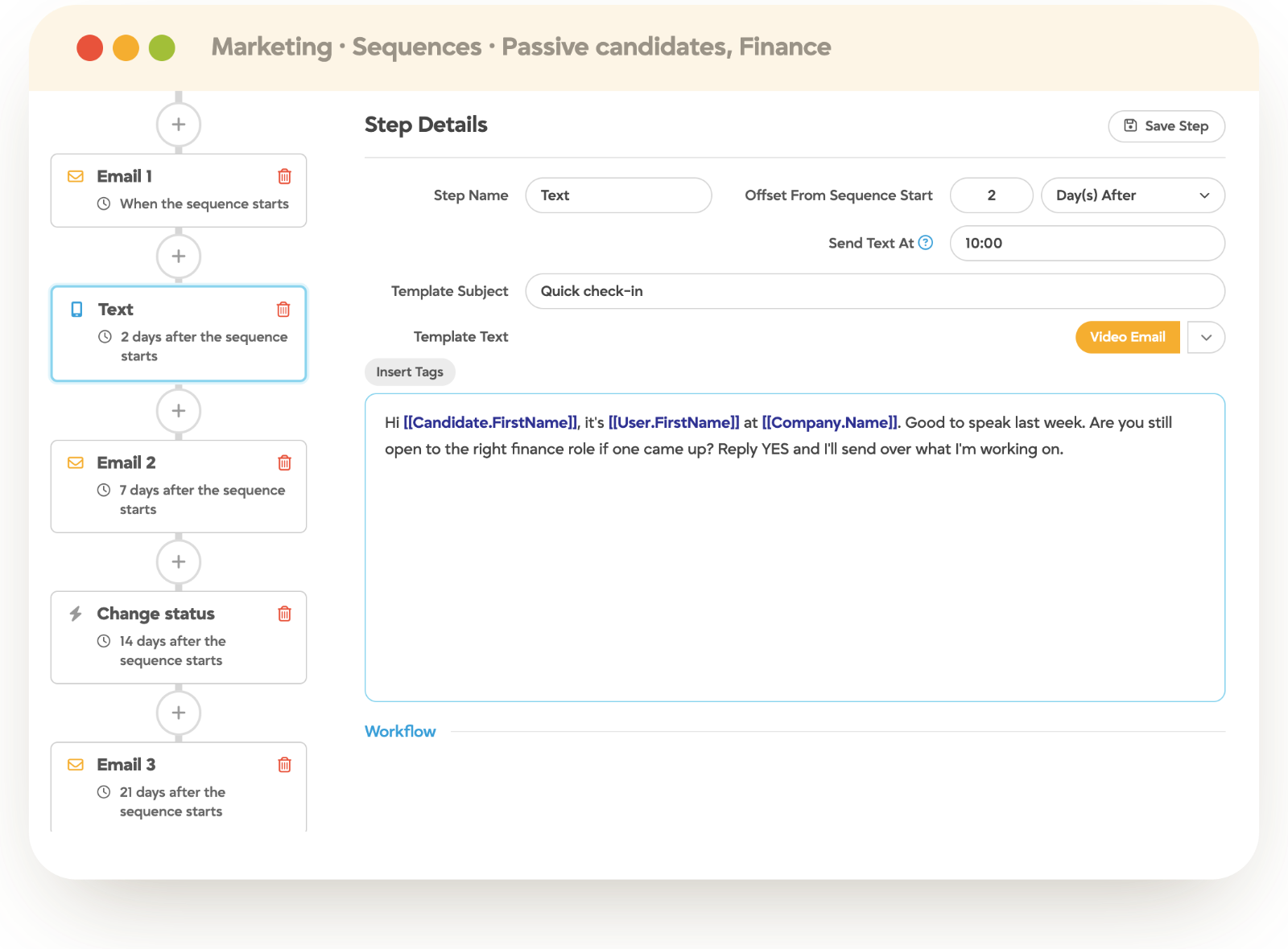 Tracker sequence builder with timed email, text and status-change steps for passive finance candidates