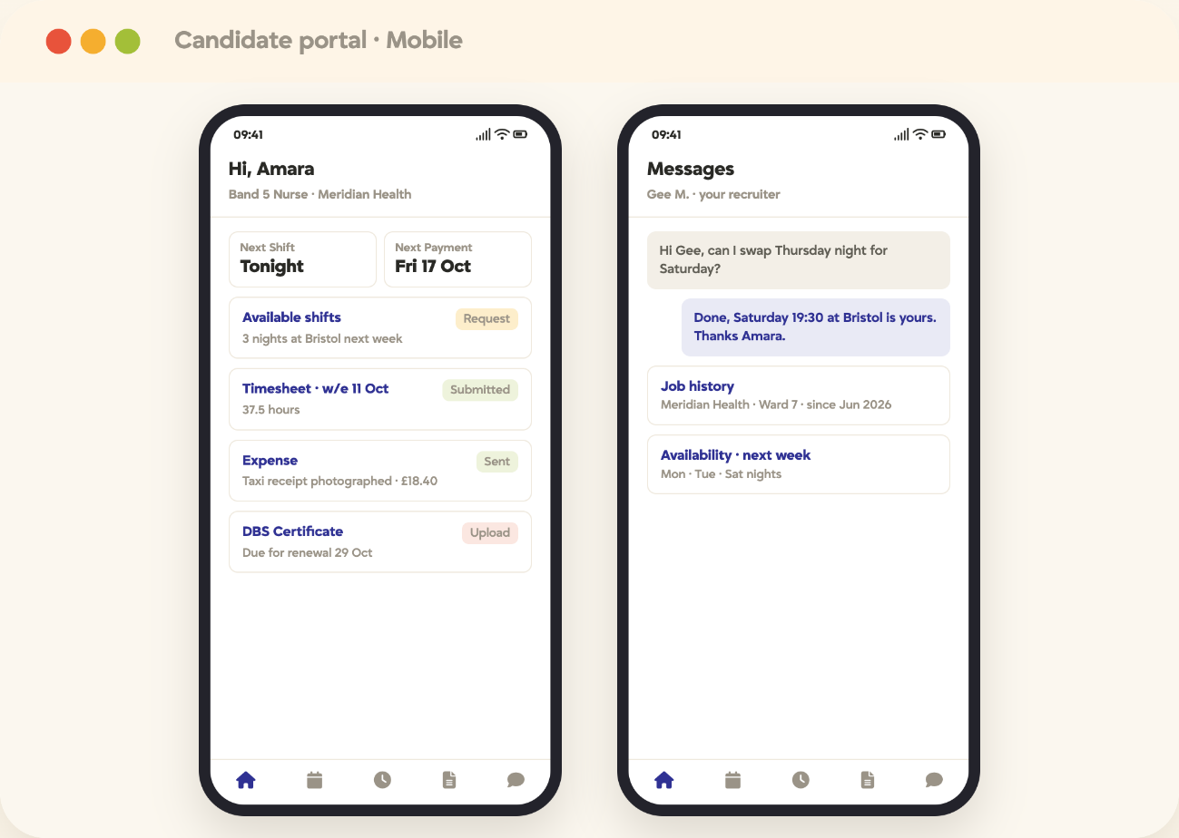 Tracker candidate portal on mobile showing shifts, timesheets, expenses and messages with a recruiter