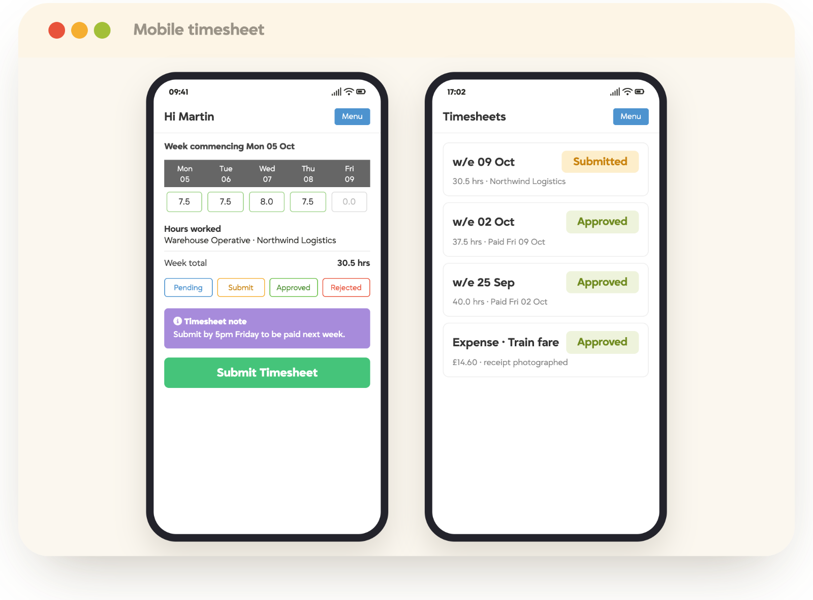 Tracker mobile timesheet app where a temp worker submits weekly hours and tracks approved timesheets and expenses