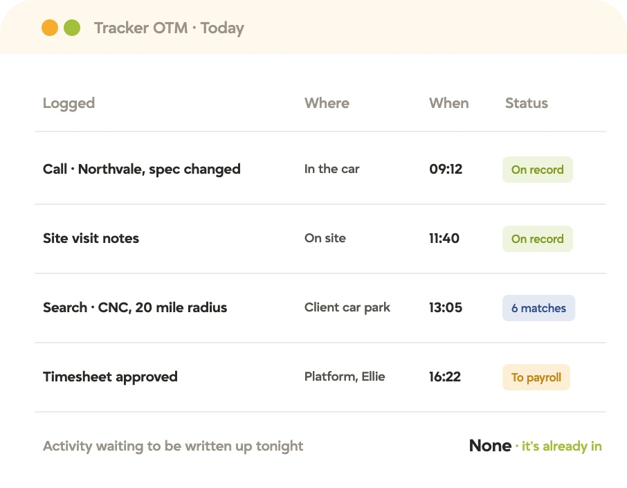 tracker-otm-mobile-recruiting-hero Tracker OTM mobile activity log showing calls, site visit notes, a radius search, and a timesheet approval captured on the move