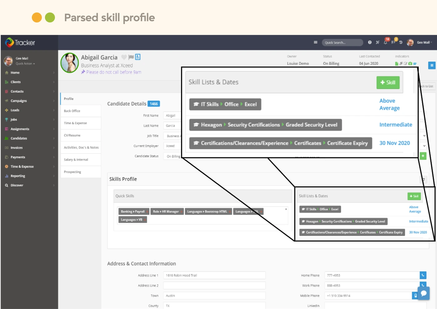 tracker-parsed-skill-profile Tracker candidate record with a parsed skill profile, listing skills, certifications, and expiry dates