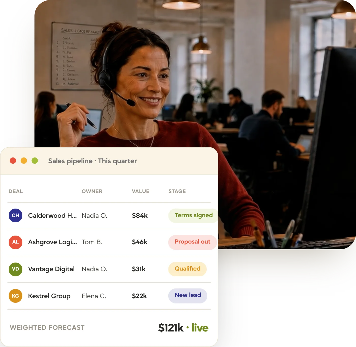 tracker-recruitment-crm-sales-pipeline-team-hero Recruiter on a headset in a busy agency office, with the Tracker CRM sales pipeline showing deals by owner, value, stage, and forecast