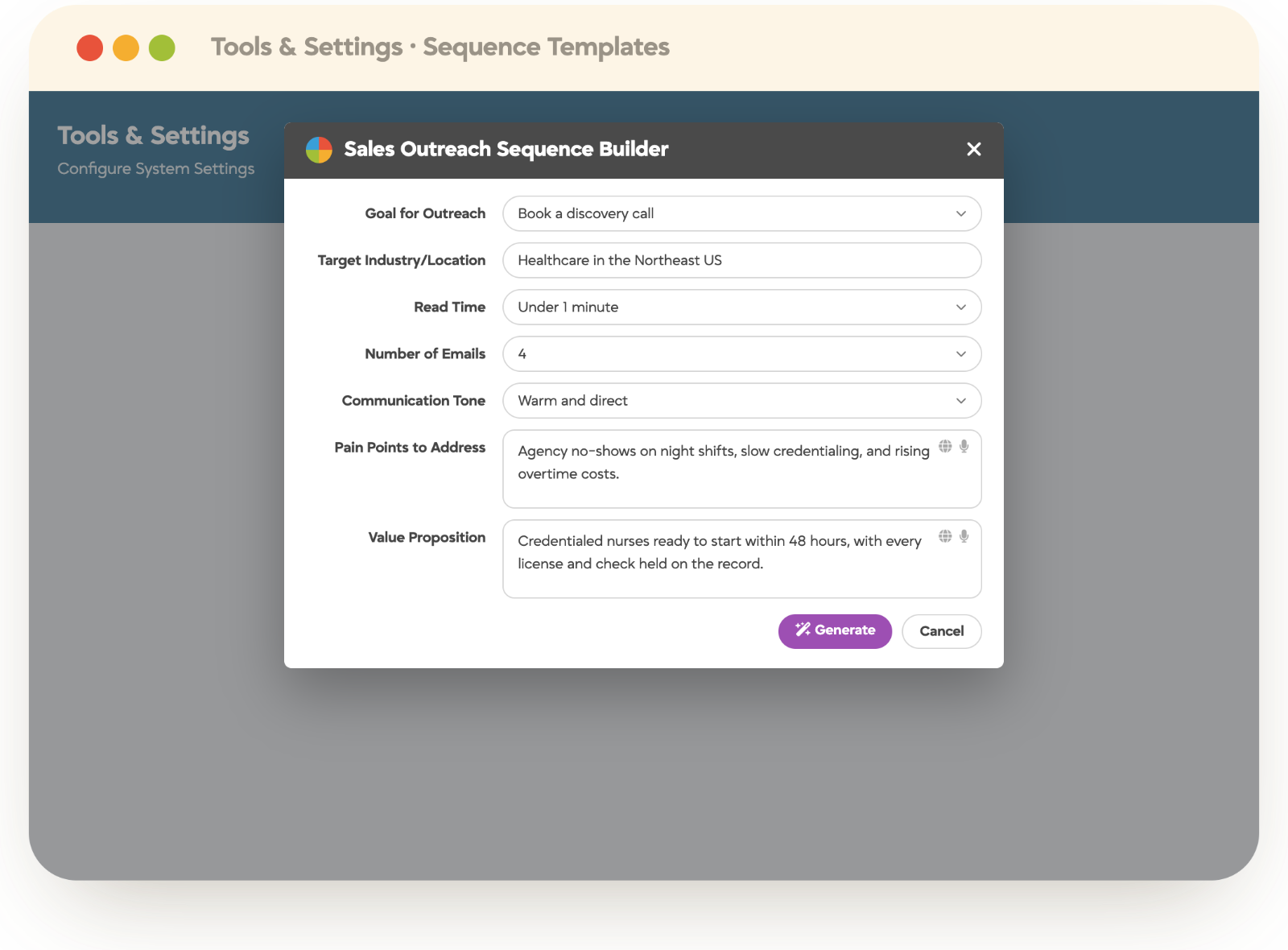 Tracker sales outreach sequence builder generating a personalised email sequence from goals, tone and pain points
