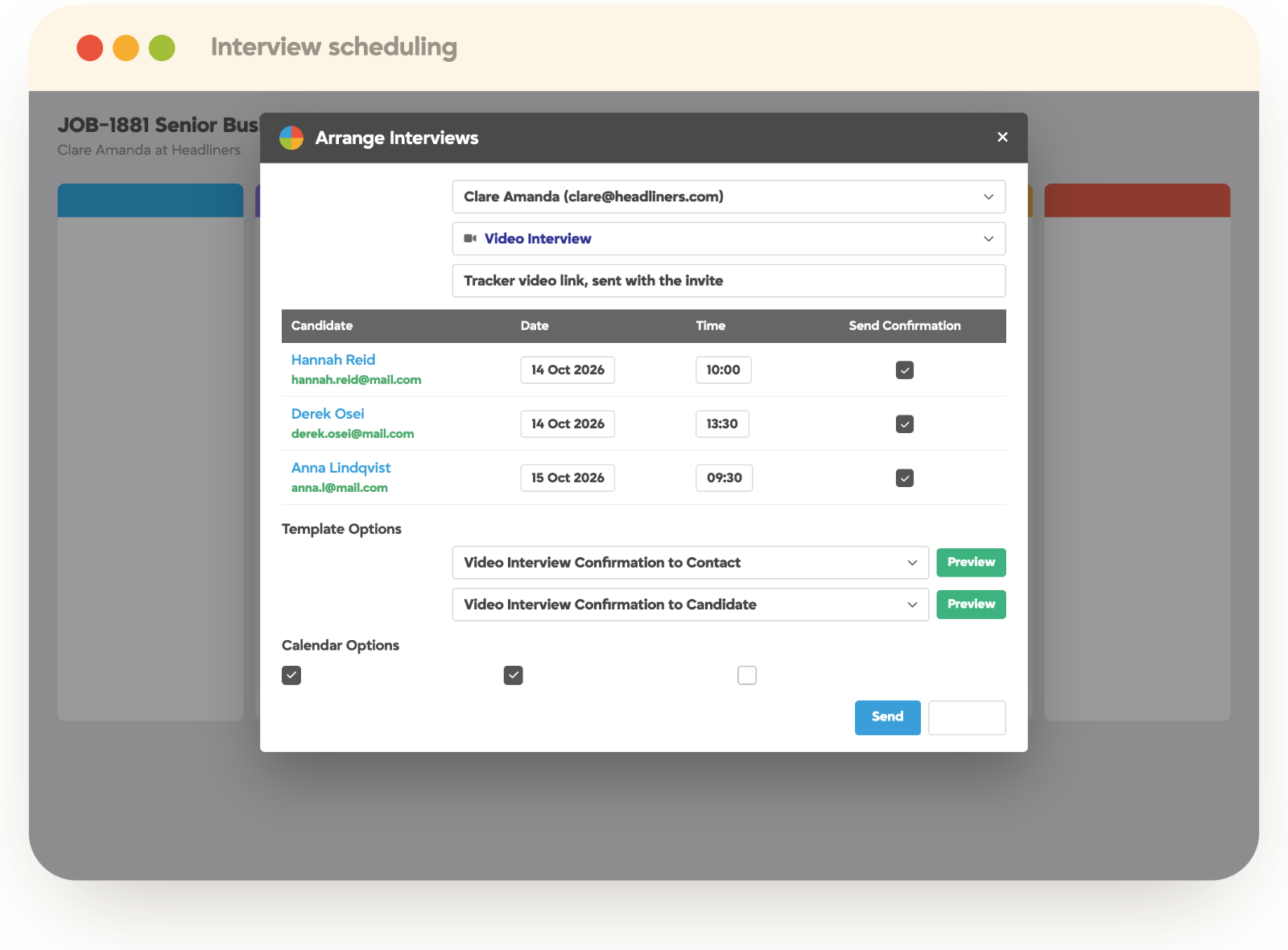 Tracker arrange interviews window booking video interviews with confirmations for the client and candidates