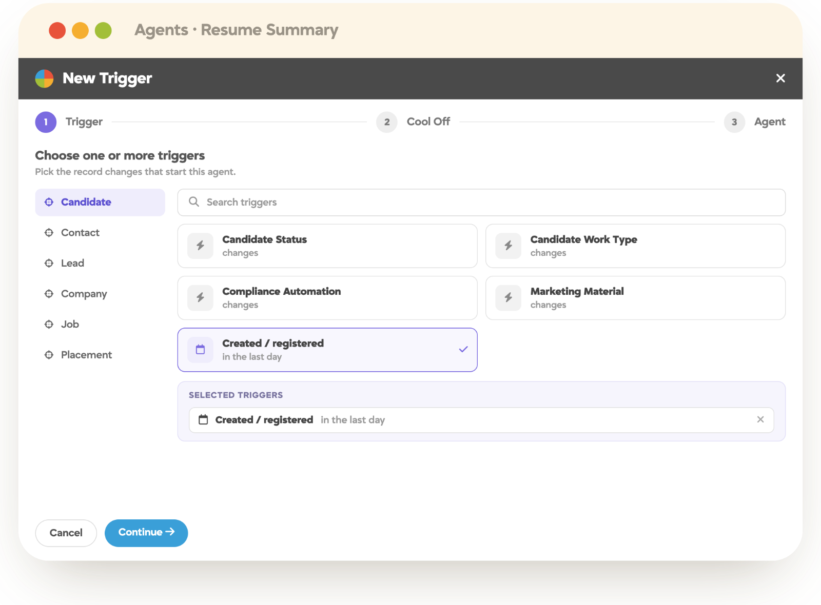 TrackerAI new trigger setup choosing the record change that starts a Resume Summary agent