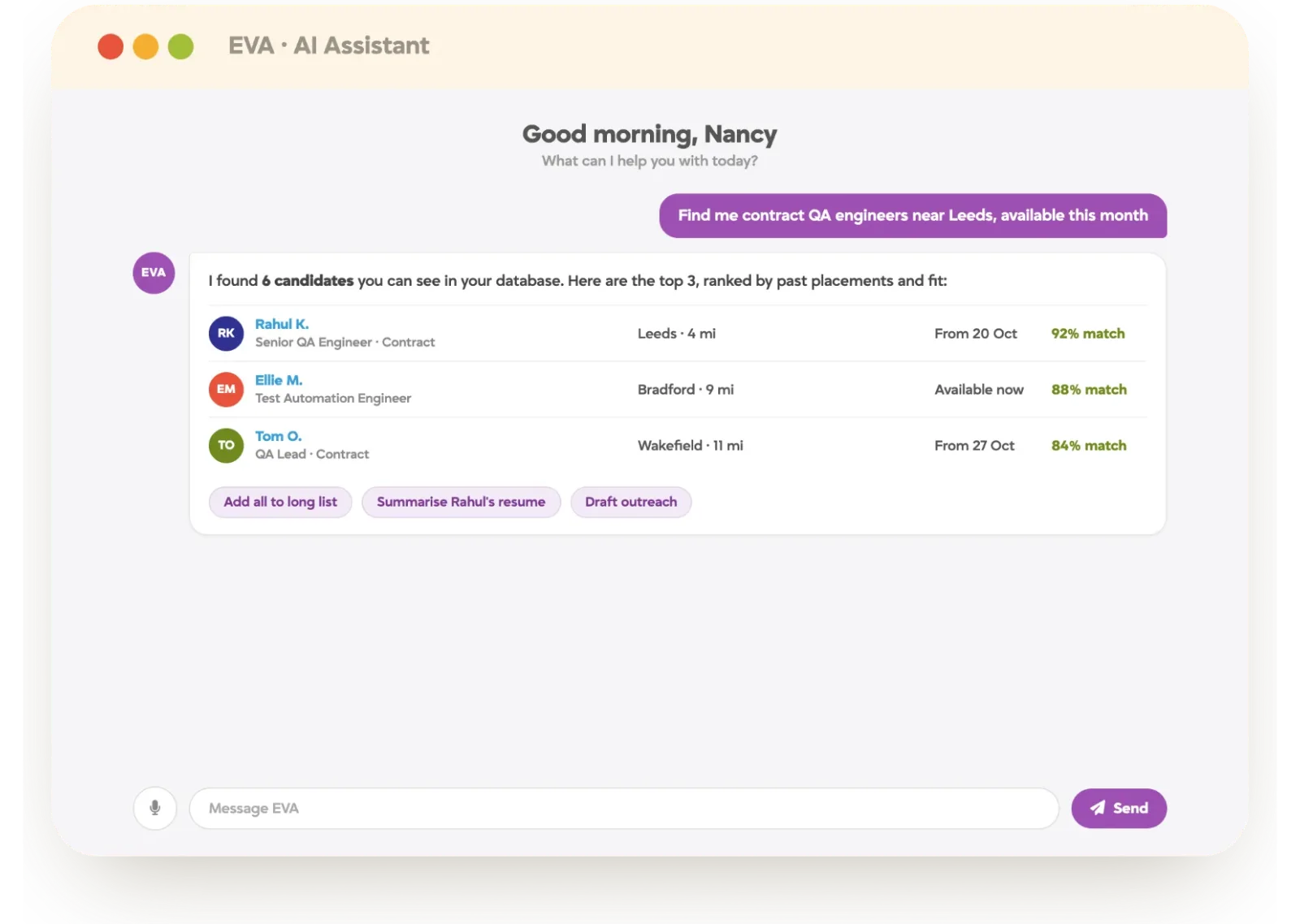 TrackerAI EVA assistant finding contract QA engineers near Leeds and ranking them by fit