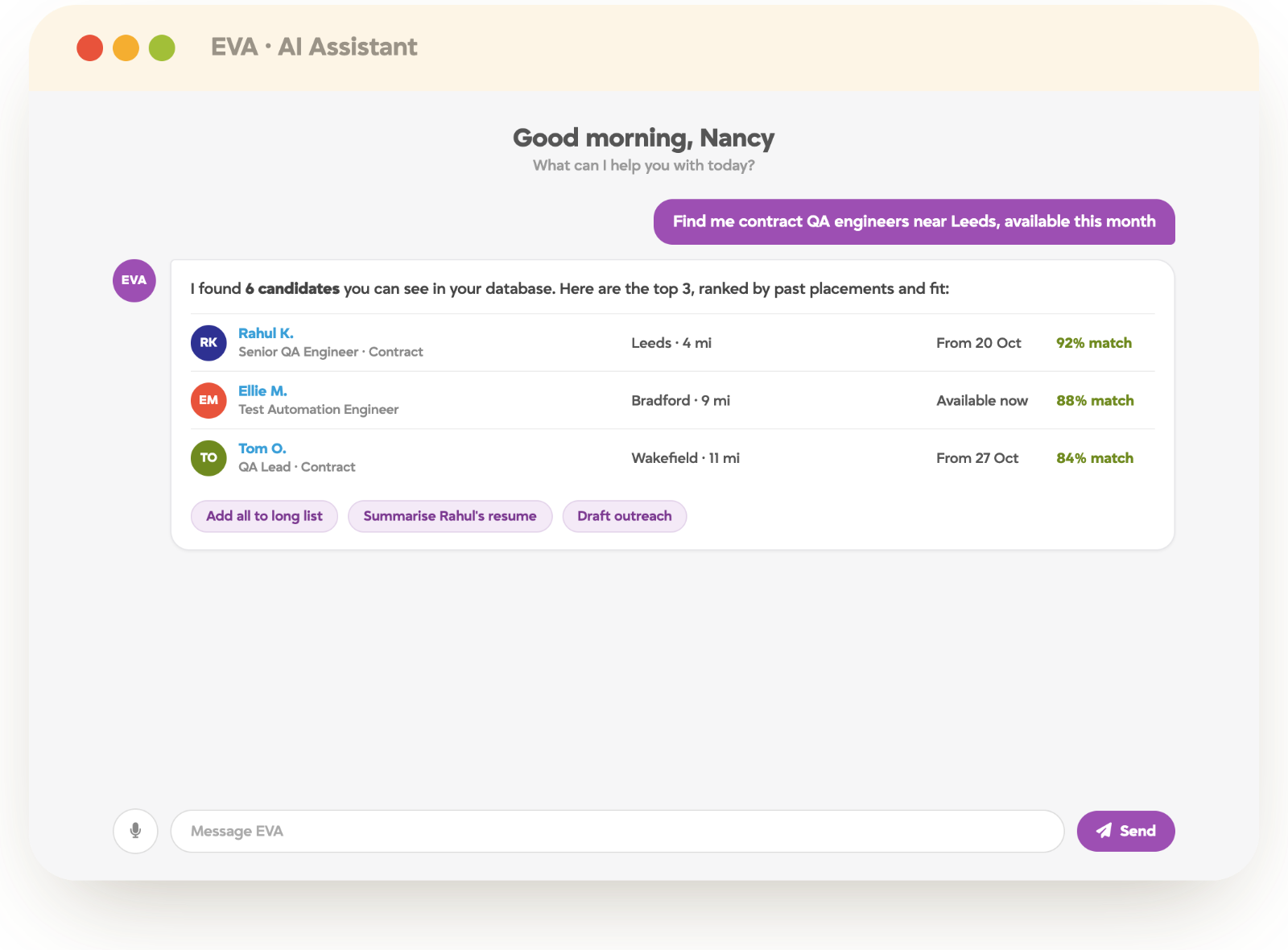 EVA, the TrackerAI assistant, returning ranked candidates for a natural language search