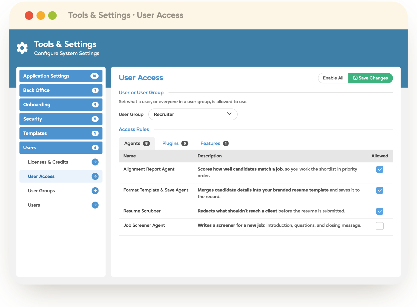 Tracker user access settings controlling which AI agents each user group is allowed to use